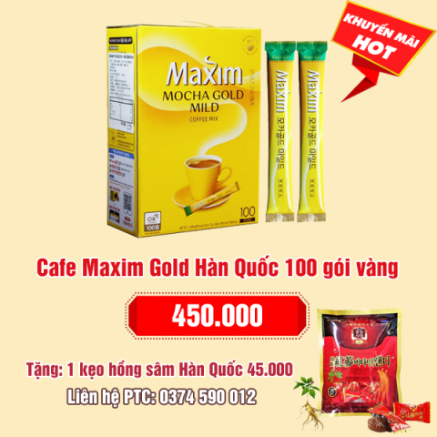 Cafe Maxim Gold Hàn Quốc 100 gói vàng: 450.000 - Tặng 1 gói kẹo sâm Hàn Quốc 45.000