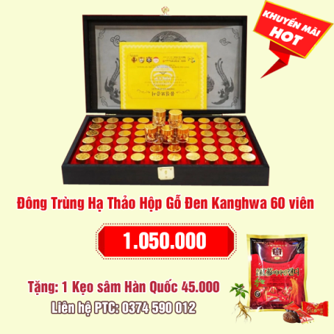 Đông Trùng Hạ Thảo Hộp Gỗ Đen Kanghwa 60 viên Hàn Quốc: 1.050.000 - Tặng 1 kẹo sâm 45.000 