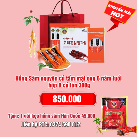 Hồng Sâm nguyên củ tẩm mật ong 6 năm tuổi hộp 8 củ lớn 300g: 850.000 - Tặng 1 kẹo hồng sâm Hàn Quốc 45.000  - 