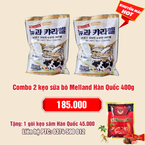 Combo 2 kẹo sữa bò mềm Melland Hàn Quốc 400g: 185.000 - Tặng 1 gói kẹo sâm 45.000