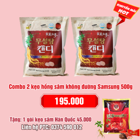 Combo 2 kẹo hồng sâm cứng không đường Samsung Hàn Quốc 500g: 195.000 - Tặng 1 gói kẹo sâm 45.000