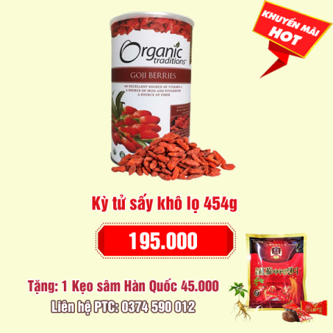 Kỳ tử sấy khô hộp 454g: 195.000 - Tặng Tặng 1 gói kẹo sâm Hàn Quốc 45.000