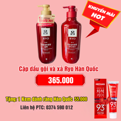 Dầu gội và xả Ryo Damage Care & Nourishing Hàn Quốc giá tốt 365.000 - Tặng 1 tuýp kem đánh răng Hàn Quốc 50.000