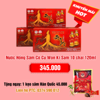 Nước Hồng Sâm Có Củ Won Ki Sam HQ 10 chai *120ml: 345.000 - Tặng 1 kẹo sâm Hàn Quốc: 45.000