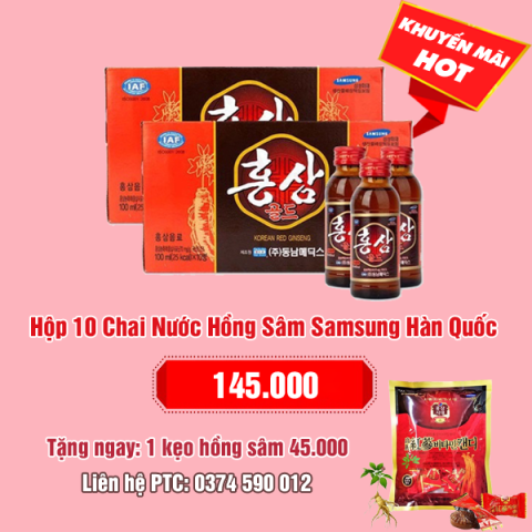 Nước hồng sâm chai Samsung 10 chai * 100ml: 145.000 - Tặng 1 gói kẹo sâm Hàn Quốc 45.000