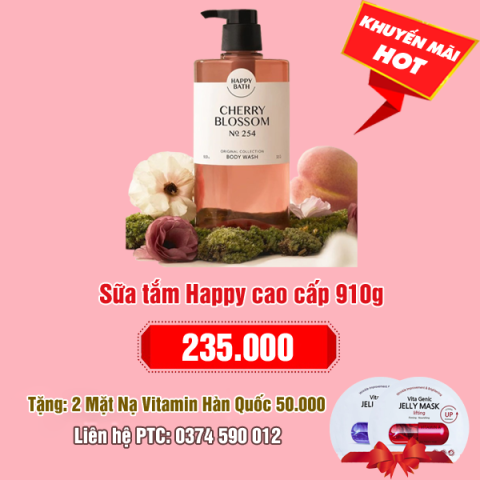 Sữa tắm Happy cao cấp 910g: 235.000 - Tặng 2 Mặt Nạ Vitamin Banobagi Hàn Quốc 50.000