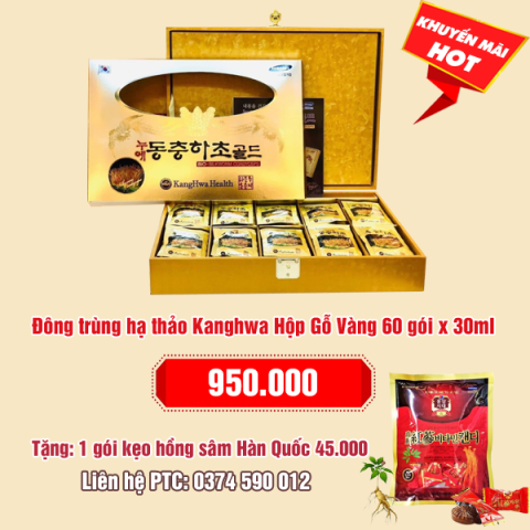 Đông trùng hạ thảo Kanghwa Hộp Gỗ Vàng 60 gói x 30ml: 950.000 - Tặng 1 kẹo sâm  