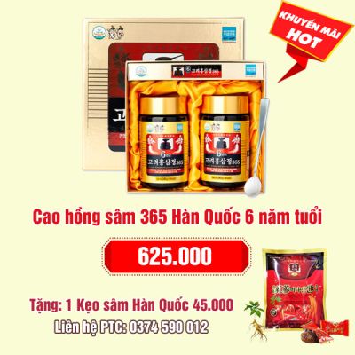 Cao hồng sâm 365 Hàn Quốc 6 năm tuổi Hộp 240g x 2 lọ: 625.000 - Tặng 1 gói kẹo sâm Hàn Quốc 45.000